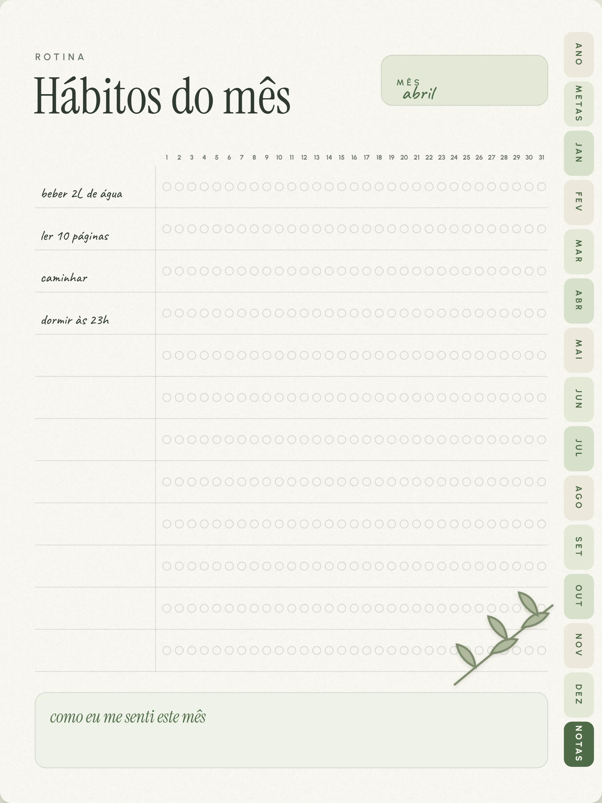 Página de hábitos no tema Sálvia
